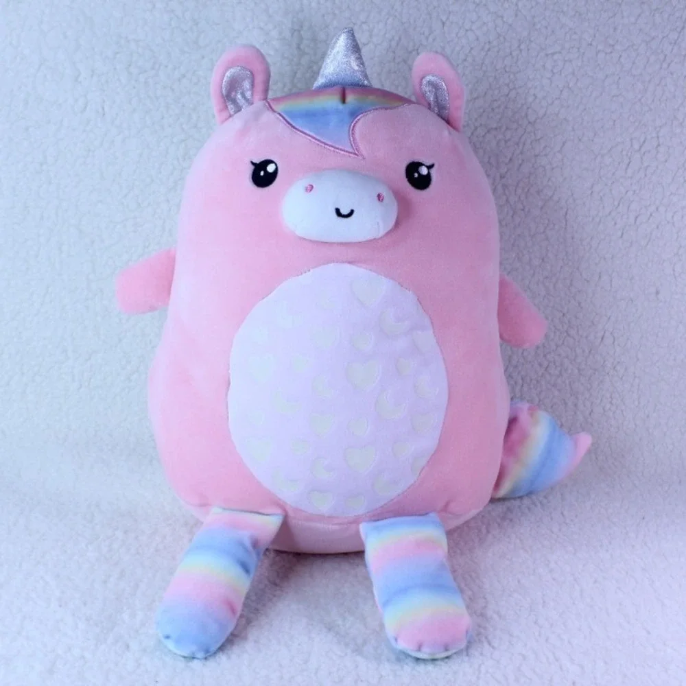 Pink Unicorn‎ Pillow Plush Stuffed Animal Rainbow Silver Horns Hearts